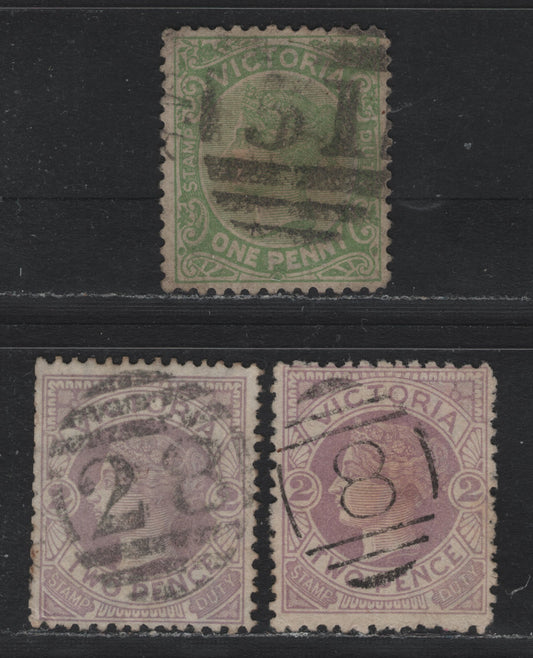Lot 160 Australia - Victoria SG#297a, 298,b (147a, 148) 1d - 2d Dull Pea Green - Rosy Mauve , 1885-1895 Naish Design Stamp Duty Issue, 3 Fine Used Singles, V Over Rounded Crown, #8 Barred Numeral Cancel For Portland, #28 Carrisbrook & #151 Warriambol