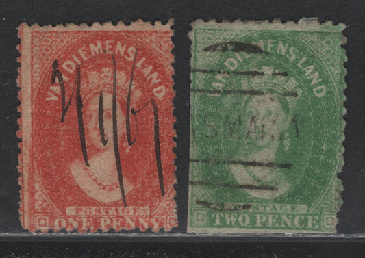 Lot 16 Australia - Tasmania SG#71, 80 (SC# 29h, 30) 1d - 2d Brick Red - Yellow Green , 1865-1871 Chalon Heads Issue, 2 Fair/Fine Used Singles, Perf 12.5 & 12, Manuscript Cancel & Light Tasmania Barred Cancels