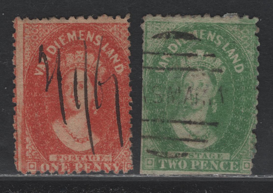 Lot 16 Australia - Tasmania SG#71, 80 (SC# 29h, 30) 1d - 2d Brick Red - Yellow Green , 1865-1871 Chalon Heads Issue, 2 Fair/Fine Used Singles, Perf 12.5 & 12, Manuscript Cancel & Light Tasmania Barred Cancels