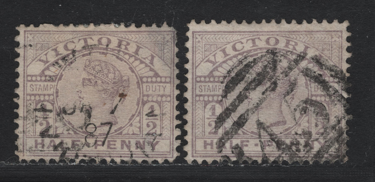 Lot 163 Australia - Victoria SG#310 (SC# 159) 1/2d Lilac Gray , 1886-1899 Stamp Duty Design Issue, A Fine Used Single, Perf 12.5comp12, 12.5 & 12.5x12.5, #45 Elphinstone Cancel, Unlisted Varieties That Result From Breakdowns In The 12.5 Comb Machine.