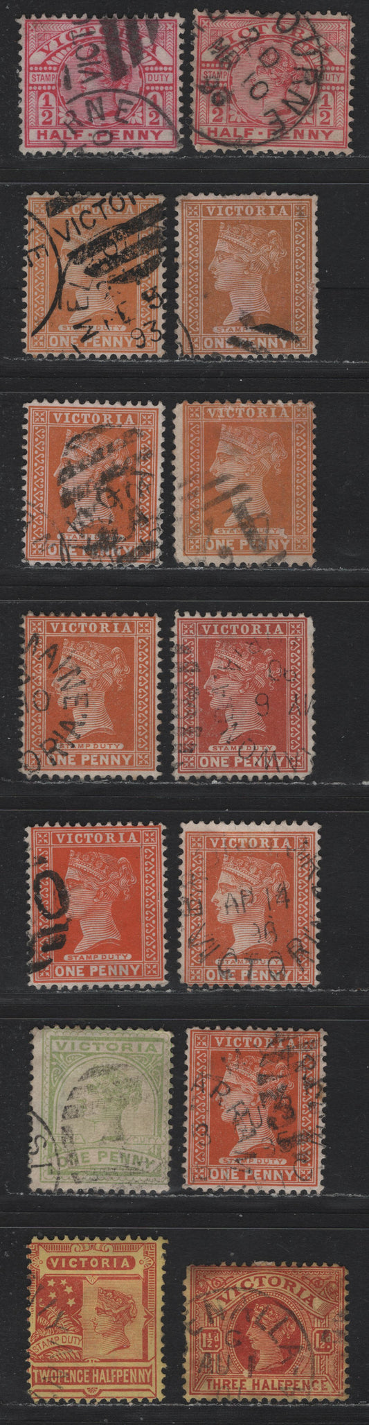 Lot 164 Australia - Victoria SG#311-b, 312a, 313-d,f, 315b, 355, 329 (SC# 160, 161, 169, 172, 182) 1/2d - 2.5d Pink - Red on Yellow , 1886-1896 Reading Design Stamp Duty Issue, 14 Fine/Very Fine Used Singles, V over Crown Rounded Wmk, V2 Paper