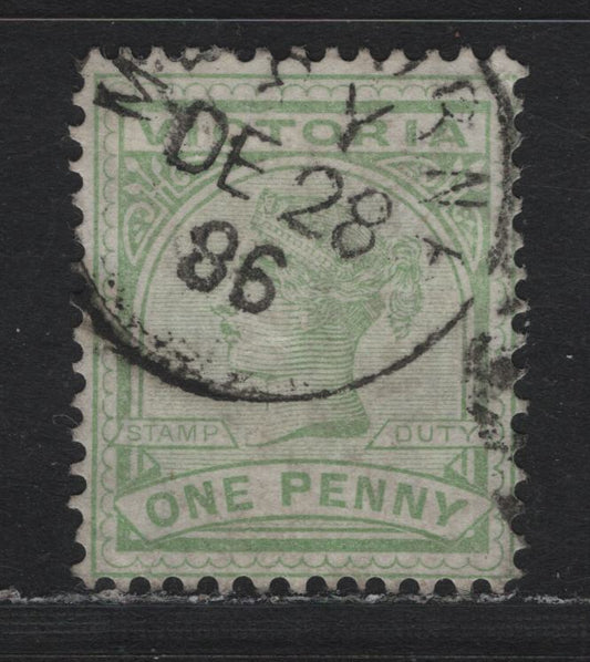 Lot 165 Australia - Victoria SG#312 (SC# 161) 1d Green , 1886-1896 Reading Design Stamp Duty Issue, A Very Fine Used Single, Early December 28 1886 Melbourne CDS Cancel, SON CDS Cancels are Uncommon On this Value, Rounded V2 Design.