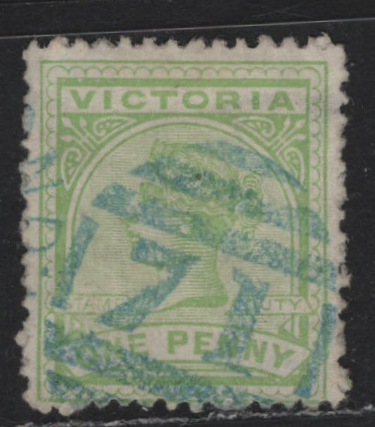 Lot 166 Australia - Victoria SG#312a (SC# 161) 1d Yellow Green , 1886-1896 Reading Design Stamp Duty Issue, A Very Fine Used Single, Scarce Blue #71 Barred Numeral Cancel For Richmond