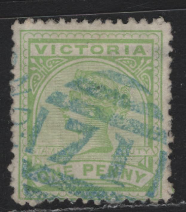 Lot 166 Australia - Victoria SG#312a (SC# 161) 1d Yellow Green , 1886-1896 Reading Design Stamp Duty Issue, A Very Fine Used Single, Scarce Blue #71 Barred Numeral Cancel For Richmond