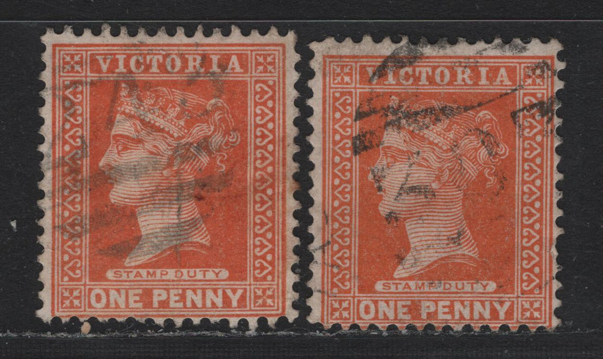 Lot 167 Australia - Victoria SG#313b (SC# 169) 1d Orange Brown , 1886-1896 Reading Design Stamp Duty Issue, 2 Fine Used Singles, SON #307 ò Barred Numeral Cancels For Colac & Majorca Goldfields