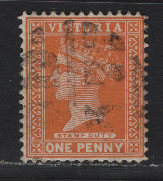 Lot 171 Australia - Victoria SG#313e (SC# 169) 1d Bright Yellow Orange , 1886-1896 Reading Design Stamp Duty Issue, A Very Good Used Single, Scarcest Shade Of This Value, Relatively Light Barred Numeral Cancel, Light Corner Bend At LR.