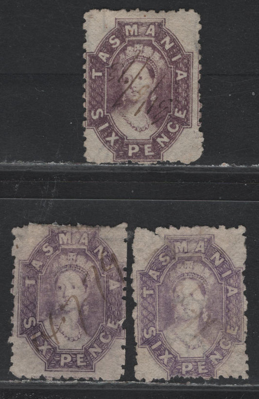 Lot 18 Australia - Tasmania SG#136, 138-139 (SC# 32k, 32o, 32r) 6d Lilac - Dull Reddish Lilac , 1871-1891 Chalon Heads Issue, 3 Fair/Very Good/Fine Used Singles, Manuscript Cancels
