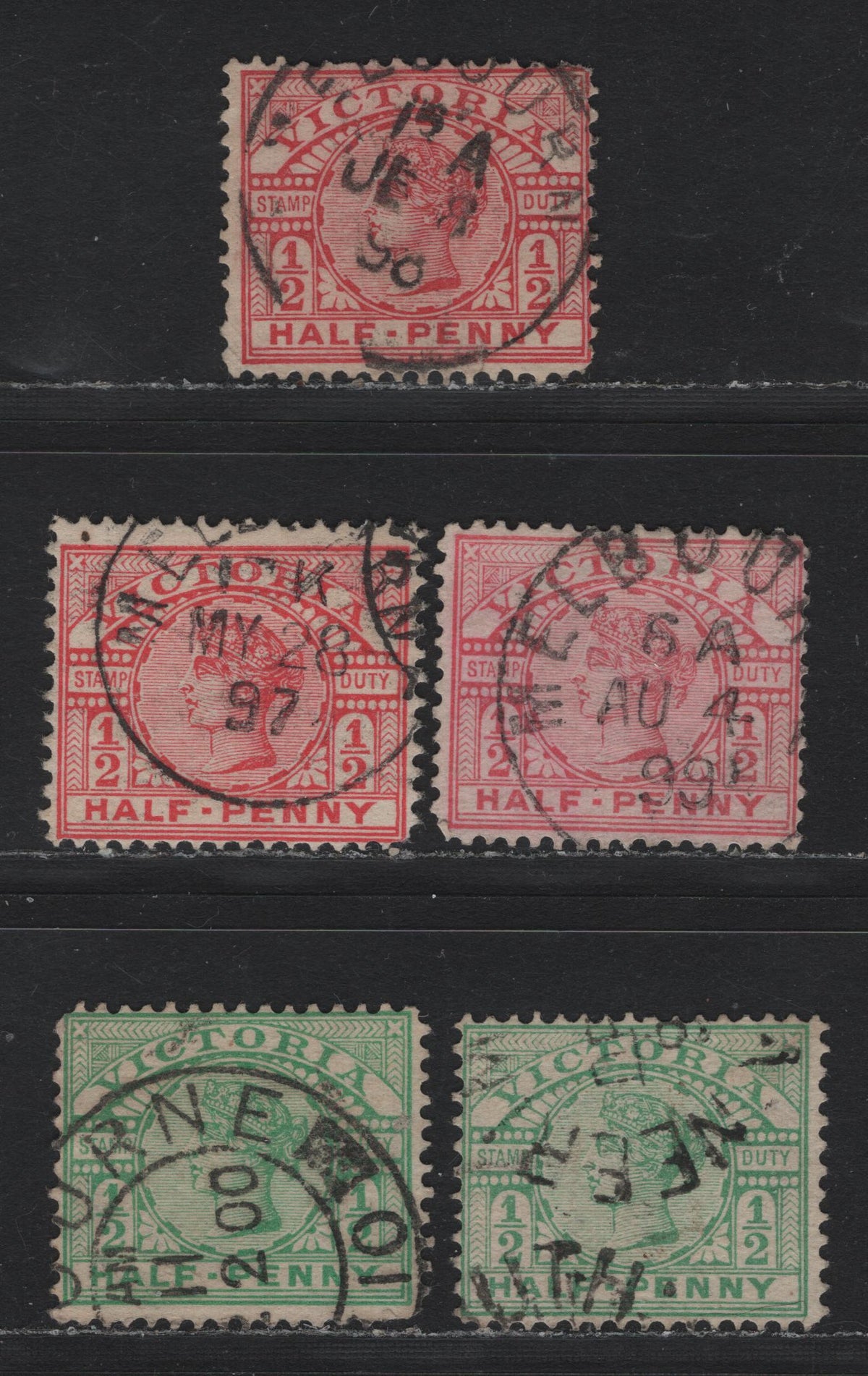Lot 184 Australia - Victoria SG#330,a-b, 331 (SC# 160, 180) 1/2d Light Scarlet - Bluish Emerald , 1896-1899 Reading Design Stamp Duty Issue, 5 Fine Used Singles, The 1/2d Reds Were Cancelled In Melbourne On June 8 1898, August 4 1899 & May 28 1897