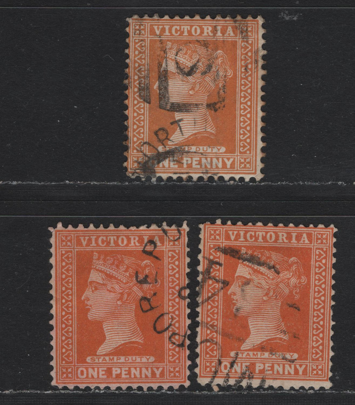 Lot 185 Australia - Victoria SG#329, 332-a (SC# 169, 171) 1d Orange Brown - Brownish Orange , 1896-1899 Reading Design Stamp Duty Issue, 3 Very Fine Used Singles, Crown Over NSW & V Over Crown Wmks, V1 & V3