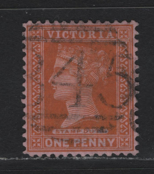 Lot 187 Australia - Victoria SG#329 (SC# 171) 1d Orange Brown , 1896-1899 Reading Design Stamp Duty Issue, A Very Fine Used Single, V Over Crown (V1 - Pointy Crown) With 845 Numeral Cancel For Crossover