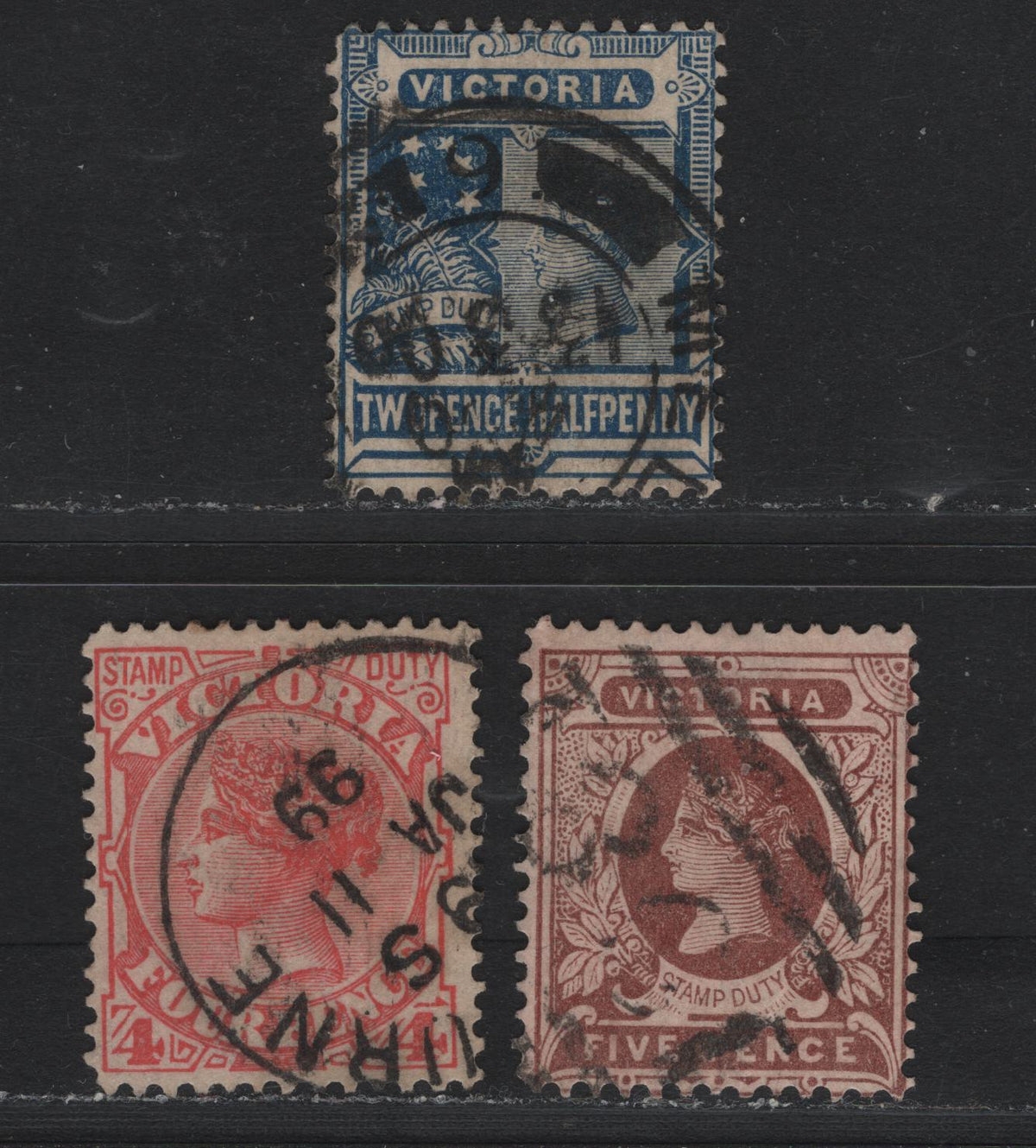 Lot 190 Australia - Victoria SG#335, 337-338 (SC# 163, 173, 183) 2.5d - 5d Blue - Red Brown , 1896-1899 Reading Design Stamp Duty Issue, 3 Fine Used Singles, V Over Crown (V3 Narrow Crown) Inverted Wmk