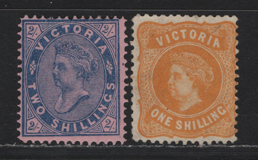 Lot 193 Australia - Victoria SG#381-382 (SC# 189-190) 1/- - 2/- Yellow - Blue , 1899-1901 Reading Design Stamp Duty Issue, 2 GOG & Fine Unused Singles, V over Wide Topped Crown Wmk (V4), No Gum On 1/- & Deep Thin Near Top Of 2/-