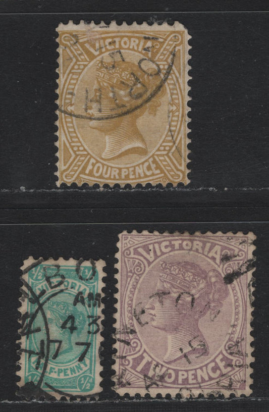 Lot 194 Australia - Victoria SG#376, 377, 379 (SC# 184-185, 187) 1/2d - 4d Emerald - Bistre , 1899-1901 Reading Design Stamp Duty Issue, 3 Fine/Very Fine Used Singles, V Over Wide Pointed Crown Wmk (V4)