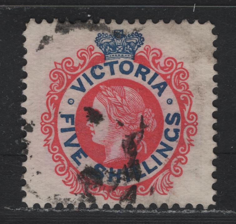 Lot 195 Australia - Victoria SG#383var (SC# 191) 5/- Rosine &Blue , 1899-1901 Reading Design Stamp Duty Issue, A Very Fine used Single, V Over Crown Sideways Wmk, Perf 12.5, Crown Facing Right, Unlisted In Gibbons.