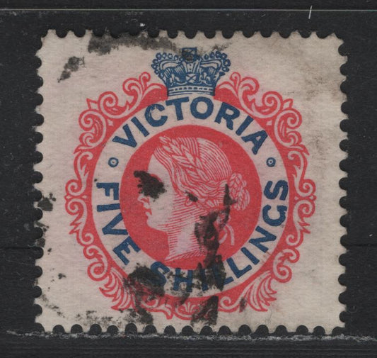 Lot 195 Australia - Victoria SG#383var (SC# 191) 5/- Rosine &Blue , 1899-1901 Reading Design Stamp Duty Issue, A Very Fine used Single, V Over Crown Sideways Wmk, Perf 12.5, Crown Facing Right, Unlisted In Gibbons.