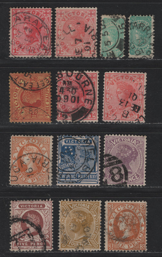 Lot 196 Australia - Victoria SG#384,b, 385,b-c, 386, 387a, 388a, 389-a (SC# 193-200) 1/2d - 5d Blue Green - Chocolate , 1901-1910 Postage Designs Issue, 13 Fine/Very Fine Used Singles, Extra Shades Of 1d & Dies 1 &2 of 1/2d, and Dies 1, 2 & 3 Of 1d
