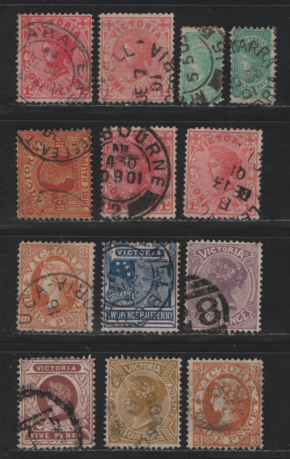 Lot 196 Australia - Victoria SG#384,b, 385,b-c, 386, 387a, 388a, 389-a (SC# 193-200) 1/2d - 5d Blue Green - Chocolate , 1901-1910 Postage Designs Issue, 13 Fine/Very Fine Used Singles, Extra Shades Of 1d & Dies 1 &2 of 1/2d, and Dies 1, 2 & 3 Of 1d