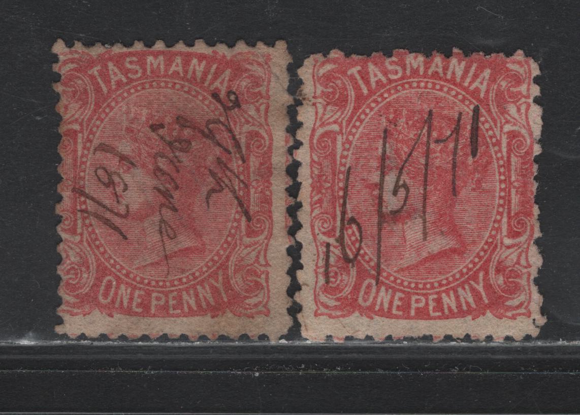 Lot 20 Australia - Tasmania SG#127b,var (SC# 51) 1d Deep Rose Red , 1870-1871 First Sideface Issue, 2 Fine Used Singles, Perf 12, Upright Single Line 10 & Inverted Wmks