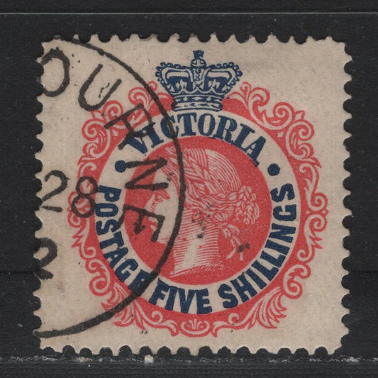 Lot 208 Australia - Victoria SG#398var (SC# 205) 5/- Rose Red & Blue , 1901-1910 Postage Designs Issue, A Very Fine Used Single, V Over Crown Wmk, Perf 12.5, Scarce CTO Example With Crisp 1912 Melbourne Cancel and Full Original Gum.