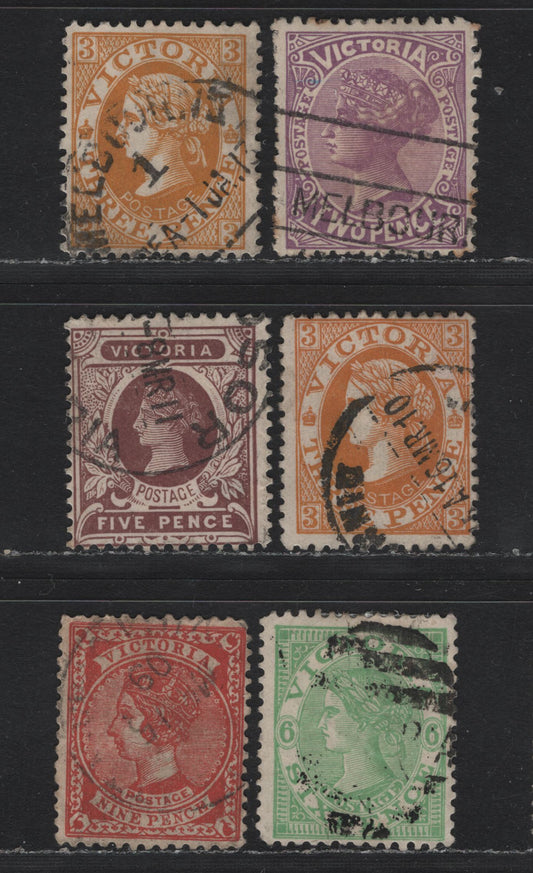 Lot 211 Australia - Victoria SG#418b, 120,b, 422a, 423a, 424c (SC# 220-221a, 224-225) 2d - 9d Red Violet - Brown Rose , 1905-1913 Postage Issues, 6 Fine/Very Fine Used Singles, Crown Over A Wmk, Perf 12x12.5