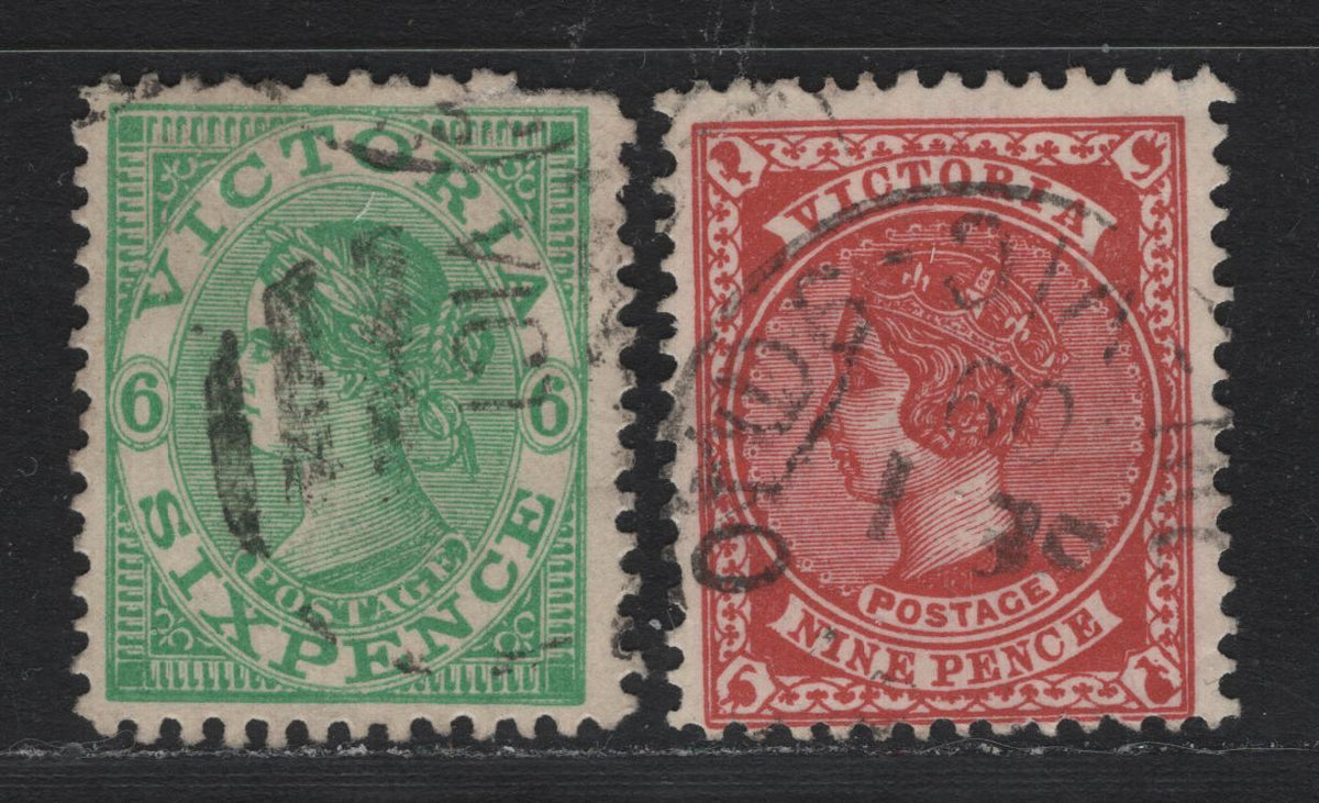 Lot 222 Australia - Victoria (C)SG#423bvar, 424cvar (SC# 225var, 227var) 6d - 9d Emerald - Pale Dull Rose , 1905-1913 Postage Issues, 2 Fine Used Singles, Crown Over A Inverted Wmk, Sept 1 1909 Cancel On The 9d, Perf 12.5.