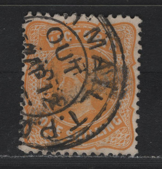 Lot 224 Australia - Victoria SG#425a (SC# 228var) 1/- Yellow Orange , 1905-1913 Postage Issues, A Fine Used Single, Perf 12x12.5, Doubly Struck & Scarce Outbound English Mail Traveling Post Office Cancellation
