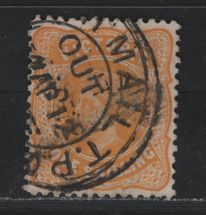 Lot 224 Australia - Victoria SG#425a (SC# 228var) 1/- Yellow Orange , 1905-1913 Postage Issues, A Fine Used Single, Perf 12x12.5, Doubly Struck & Scarce Outbound English Mail Traveling Post Office Cancellation