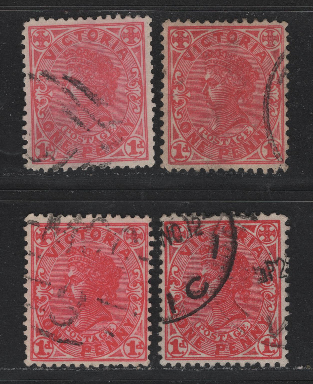 Lot 230 Australia - Victoria SG#458 (SC# 219) 1d Rose Carmine , 1912 Emergency Printings On Fiscal Stamp Paper Issue, 4 Fine/Very Fine Used Singles, Includes Additional Shades, Narrow Crown Over A Wmk