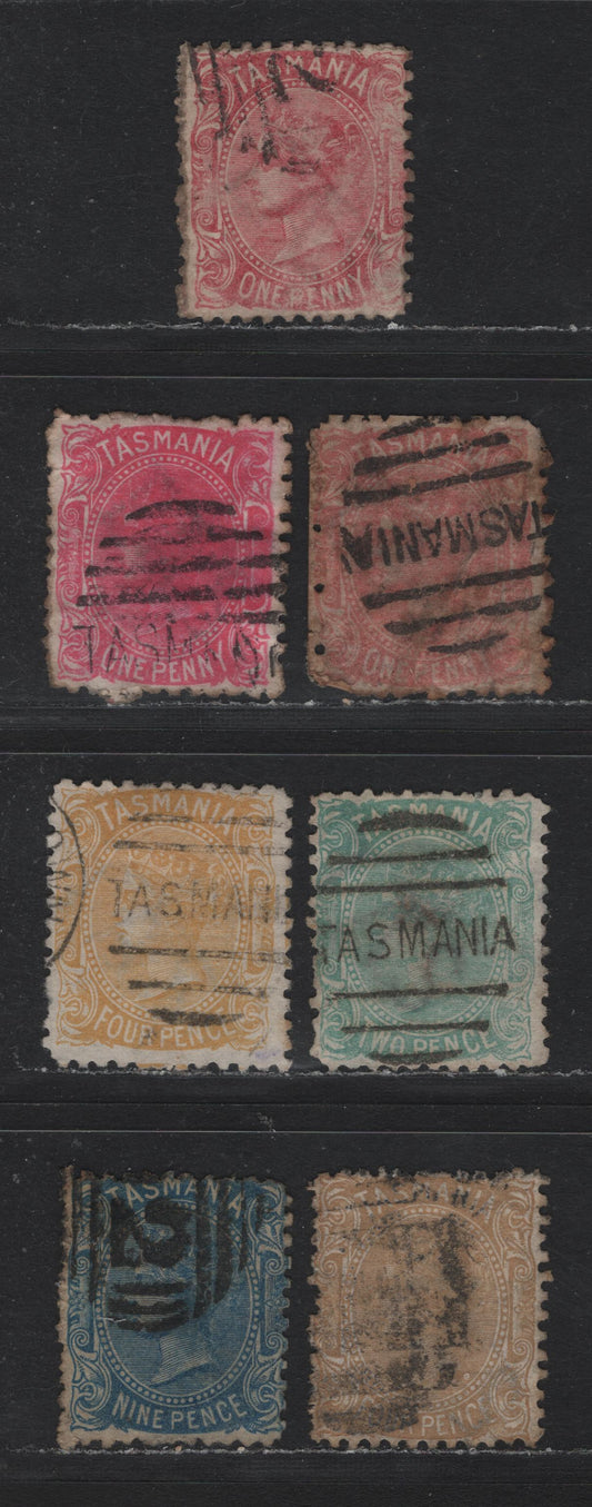 Lot 23 Australia - Tasmania SG#144,c,d, 145a, 148 (SC# 53,d,e, 53b-c, 58) 1d - 9d Rose - Blue , 1871-1878 2nd Sideface Issue, 7 Good/Very Good/Fine Used Singles, Perf 11.5, TA's between 2 Lines Wmk