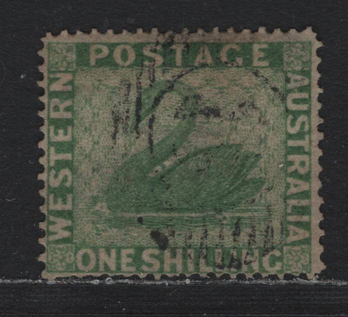 Lot 233 Western Australia SG#43 (SC# 24) 1/- Yellow Green, 1861 Line Engraved Swans Issue, A Fine Used Single, Clean Cut Perf 14-16, Sideways Swan Wmk