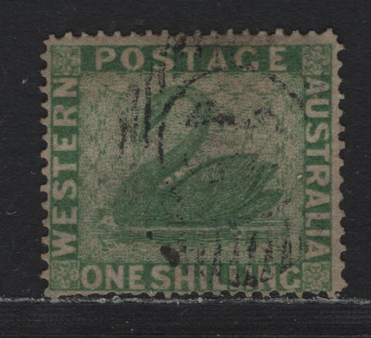 Lot 233 Western Australia SG#43 (SC# 24) 1/- Yellow Green, 1861 Line Engraved Swans Issue, A Fine Used Single, Clean Cut Perf 14-16, Sideways Swan Wmk