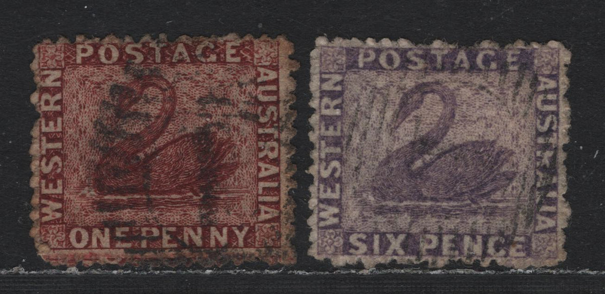 Lot 234 Western Australia SG#50-51 (SC# 26, 28) 1d - 6d Lake - Deep Lilac, 1863-1864 De La Rue Swans Issue, 2 Fine/Very Fine Used Singles, Unwatermarked, Thick Paper, Rough Perf 13.