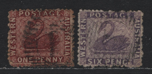 Lot 234 Western Australia SG#50-51 (SC# 26, 28) 1d - 6d Lake - Deep Lilac, 1863-1864 De La Rue Swans Issue, 2 Fine/Very Fine Used Singles, Unwatermarked, Thick Paper, Rough Perf 13.