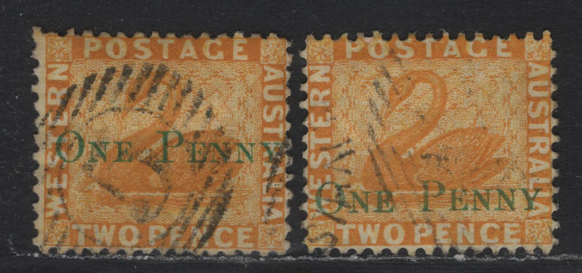 Lot 236 Western Australia (C)SG#67 (SC# 41) 1d on 2d Yellow, 1864-1879 Line Engraved Swans Issue, 2 Very Fine Used Singles, Perf 12.5, Crown CC Wmk, Surcharge Shifted Upwards To Middle Of Stamp, #5 Numeral Cancel For Bunbury.