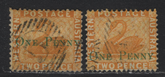 Lot 236 Western Australia (C)SG#67 (SC# 41) 1d on 2d Yellow, 1864-1879 Line Engraved Swans Issue, 2 Very Fine Used Singles, Perf 12.5, Crown CC Wmk, Surcharge Shifted Upwards To Middle Of Stamp, #5 Numeral Cancel For Bunbury.