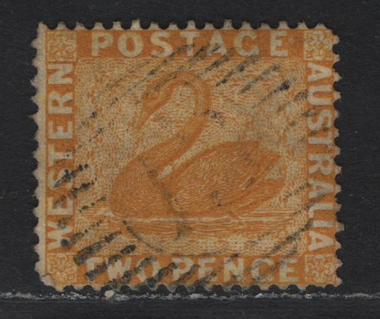 Lot 237 Western Australia SG#71a (SC# 37) 2d Chrome Yellow, 1876-1881 Line Engraved Swans Issue, A Very Fine Used Single, Crown CC Upright Wmk, Perf 14, #13 Grid Cancel For Guildford.