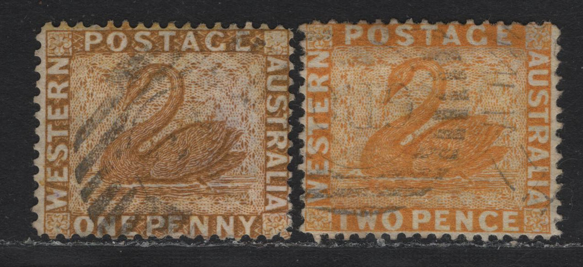 Lot 238 Western Australia SG#68w, 71bv (SC# 36-37) 1d - 2d Ochre - Chrome Yellow, 1876-1881 Line Engraved Swans Issue, 2 Very Fine Used Singles, Crown CC Sideways Inverted Wmk (Crown to Right Of CC), Perf 14
