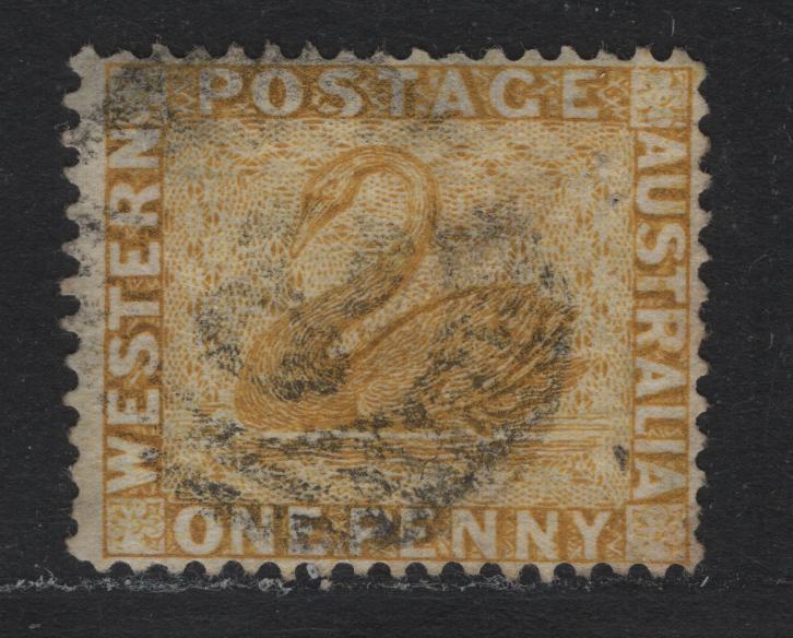 Lot 239 Western Australia SG#70 (SC# 36) 1d Yellow Ochre, 1876-1881 Line Engraved Swans Issue, A Very Fine Used Single, Crown CC Sideways Wmk (Crown Facing Left), #8 Grid Cancel For Freemantle