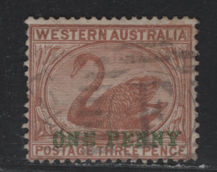 Lot 240 Western Australia SG#108 (SC# 69) 1d on 3d Cinnamon, 1893 Surcharged Issue, A Fine Used Single, Crown CC Wmk, Crisp But Light 'F' Grid Cancel For Freemantle, A Desirable Strike.