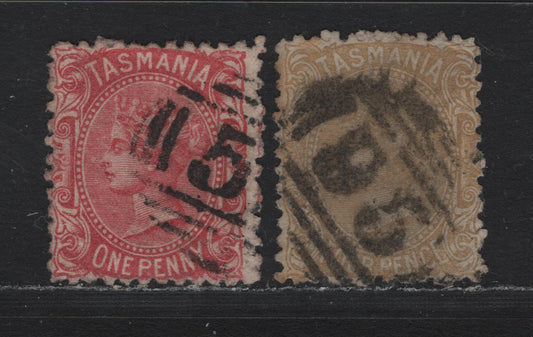 Lot 24 Australia - Tasmania SG#150a, 153 (SC# 68-69) 1d - 4d Carmine - Buff , 1871-1878 2nd Sideface Issue, 2 Fine Used Singles, Perf 12, TAS Oblique Wmk With Lines, 4d With #95 Barred Numeral Cancel For Westbury.