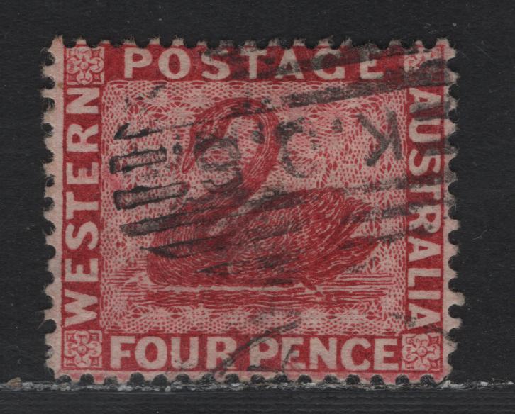 Lot 242 Western Australia SG#78w (SC# 51) 4d Carmine, 1882-1885 Line Engraved Swans Issue, A Very Fine Used Single, Crown CC Sideways Wmk, Perf 14, K.O.S Barred Grid Cancel For King George's Sound.