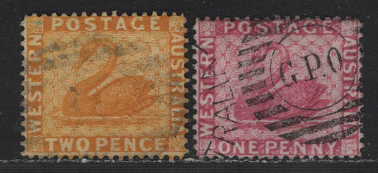 Lot 243 Western Australia SG#77w, 105 9SC# 50, 59) 1d - 2d Carmine Pink - Chrome Yellow, 1882-1885 Line Engraved Swans Issue, 2 Very Fine Used Singles, Crown CC Sideways Inverted Wmk, Perf 14, 1d Having Crisp Strike Of A Perth GPO Grid Cancel.