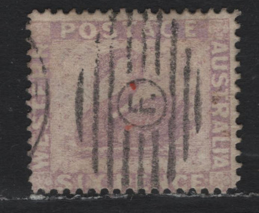 Lot 246 Western Australia SG#80 (SC# 52) 6d Lilac, 1882-1888 Line Engraved Swans Issue, A Fine Used Single, Crown CC Sideways Wmk, Perf 14, Crisp F Grid Cancel For Freemantle.