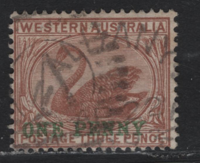Lot 247 Western Australia SG#109 (SC# 70) 1d on 3d Cinnamon, 1893 Surcharged Issue, A Fine Used Single, Crown CA Wmk, Perf 14, Cancelled With Light But Clear Albany Split Ring Cancel & 'A' Grid Cancel, A Scarce Cancellation Combination.