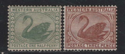 Lot 248 Western Australia SG#87, 94a (SC# 53, 58) 1/2d - 3d Gray Green - Red Brown, 1882-1885 Surface Printed Swans Issue, 2 VFOG & Fine Unused Singles, Crown CA Sideways Wmk