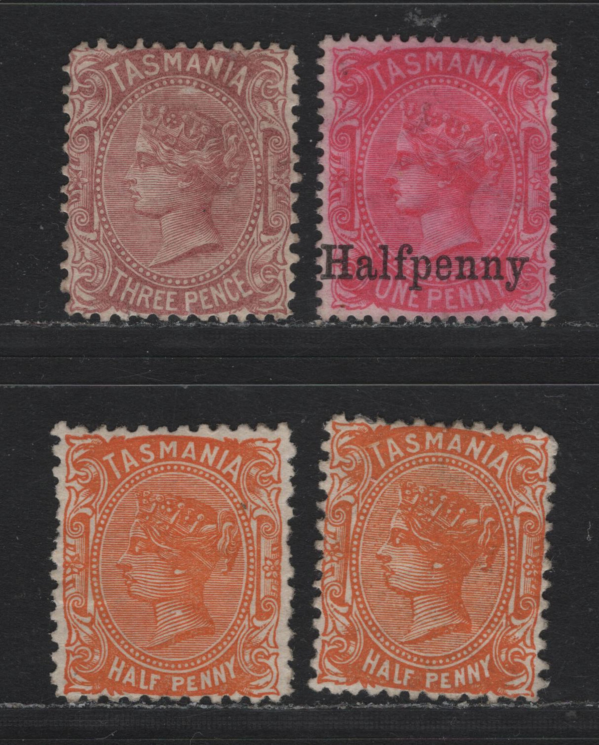 Lot 25 Australia - Tasmania SG#159, 163, 165, 167 (SC# 63, 66a-b, 65) 1/2d - 1/2d on 1d Orange - Rosine , 1880-1891 Third Sideface Issue, 4 VFOG & Unused Singles, Perfs 11.5 & 12, 1/2d's & Surcharge Have No Gum, TAS Oblique Wmk Without Lines.