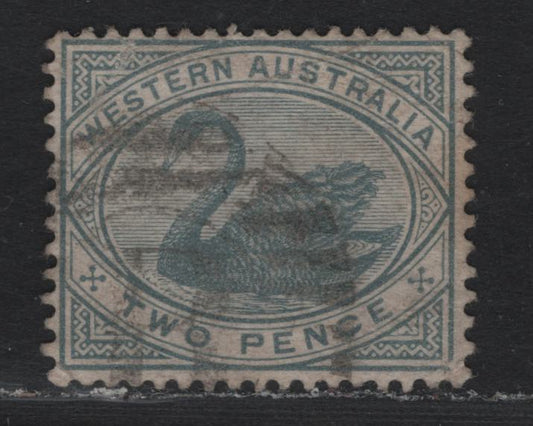 Lot 251 Western Australia SG#96 (SC# 63) 2d Bluish Gray, 1882-1885 Surface Printed Swans Issue, A Very Fine Used Single, Crown CA Sideways Wmk, Scarce Bunbury 'B' Grid Cancel