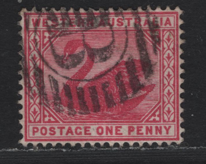Lot 252 Western Australia SG#95 (SC# 62) 1d Carmine, 1882-1885 Surface Printed Swans Issue, A Very Fine Used Single, Crown CA Wmk, Scarce Bunbury 'B' Grid Cancel