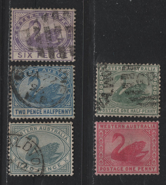 Lot 253 Western Australia SG#94a, 95-97, 100 (SC# 58, 62-64, 67) 1/2d - 6d Green - Violet, 1882-1885 Surface Printed Swans Issue, 5 Fine/Very Fine Used Singles