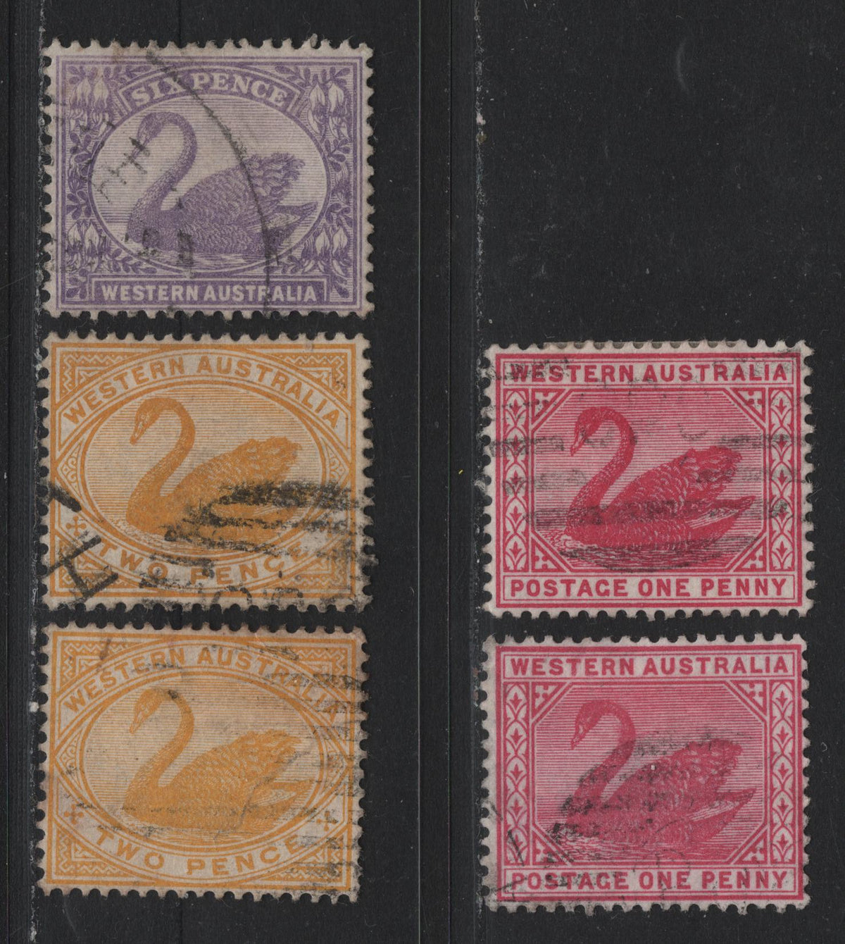 Lot 254 Western Australia SG#112-113, 115 (SC# 73-74, 99) 1d - 6d Carmine Red - Violet, 1899-1907 De La Rue Swans Issue, 5 Very Fine Used Singles, Crown & WA Wmk